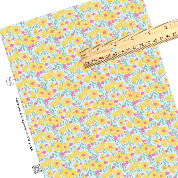 These spring floral faux leather sheets contain the following design elements: yellow and pink poppies on blue. Our CPSIA compliant faux leather sheets or rolls can be used for all types of crafting projects.