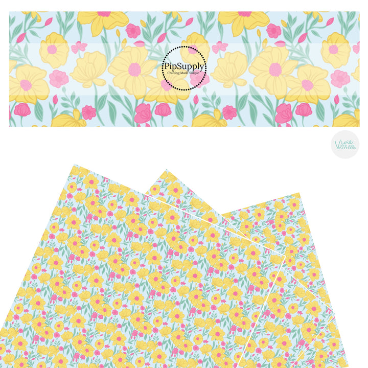 These spring floral faux leather sheets contain the following design elements: yellow and pink poppies on blue. Our CPSIA compliant faux leather sheets or rolls can be used for all types of crafting projects.