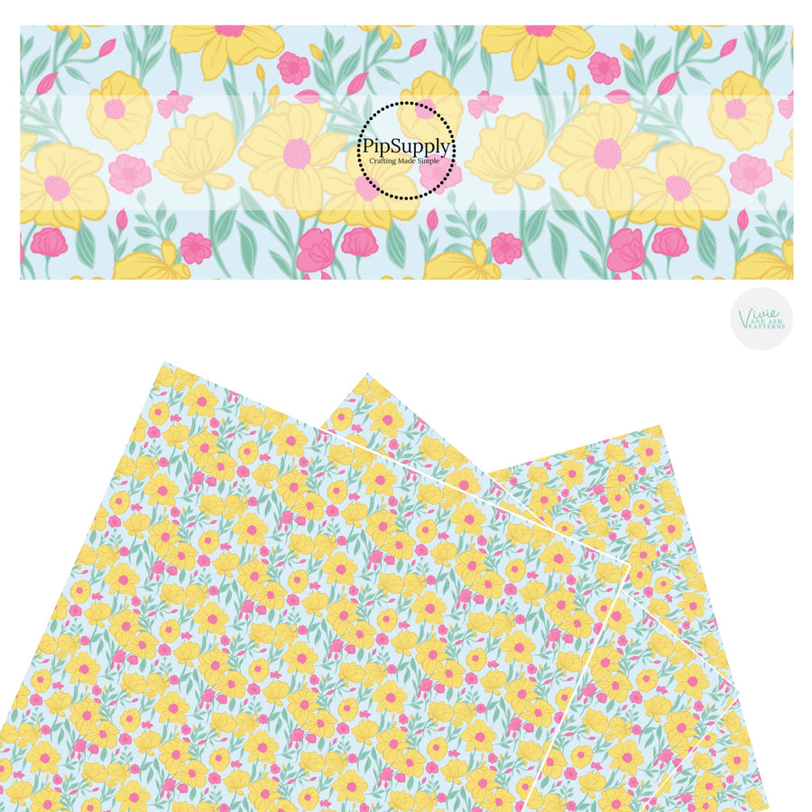 These spring floral faux leather sheets contain the following design elements: yellow and pink poppies on blue. Our CPSIA compliant faux leather sheets or rolls can be used for all types of crafting projects.