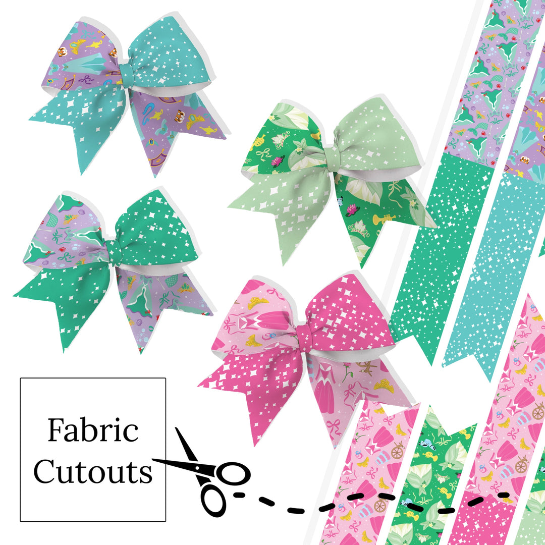 These princess themed neoprene cheer bows can be quickly cut and assembled for a trendy bow. They're ideal for easy at-home styling, individual use, or even resale. Get creative and add a splash of color to your look with these low-maintenance bows.