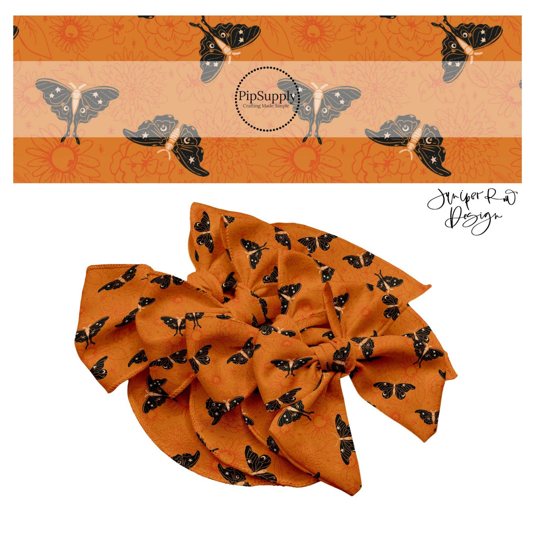 Celestial Moths on Orange Floral Hair Bow Strips