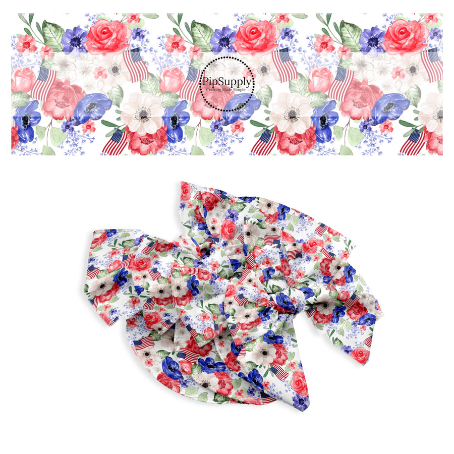 These patriotic floral pattern no sew bow strips can be easily tied and attached to a clip for a finished hair bow. These festive bow strips are great for personal use or to sell. These bow strips feature the following design elements: patriotic flowers and American flags.