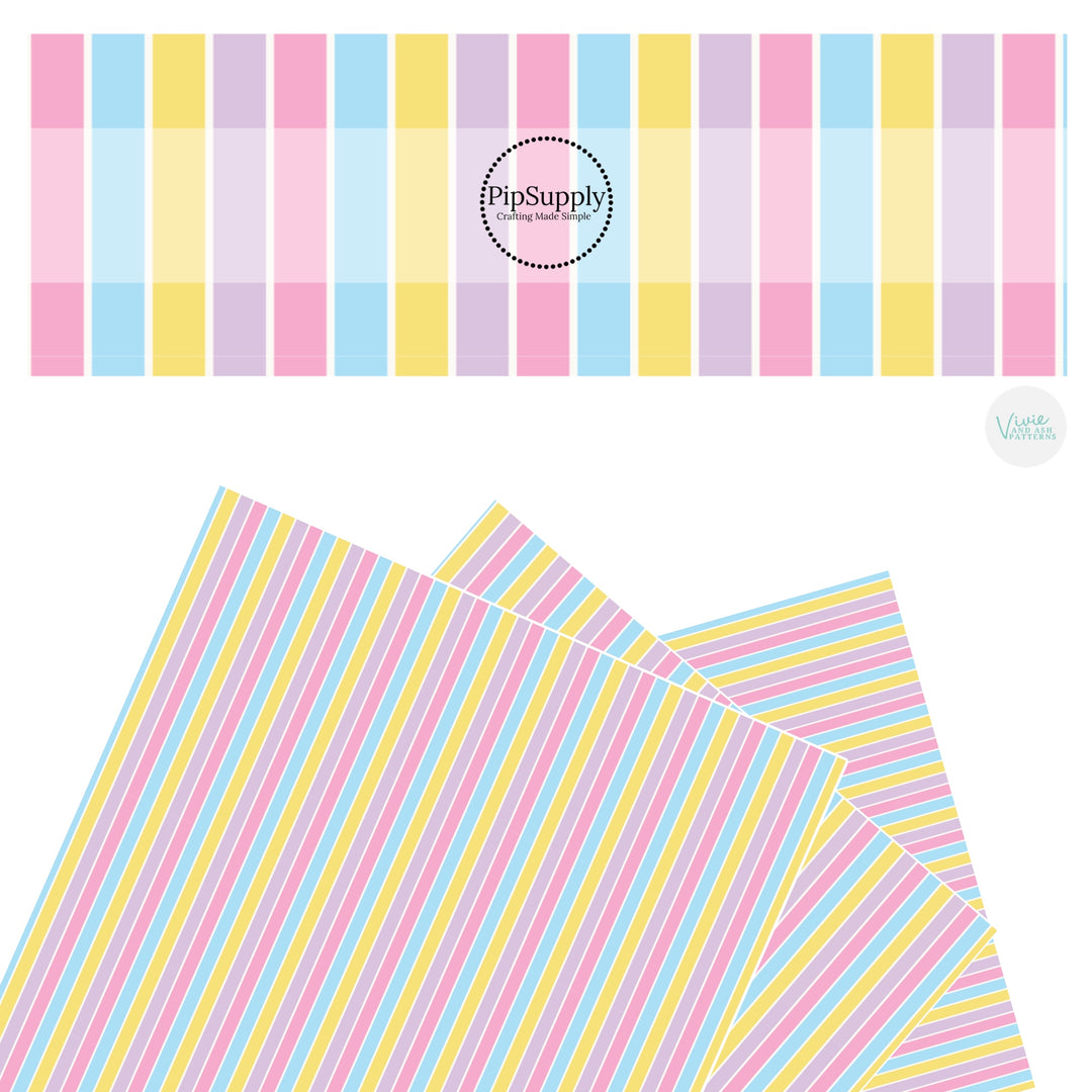 These spring faux leather sheets contain the following design elements: pastel pink, purple, yellow, and blue stripes. Our CPSIA compliant faux leather sheets or rolls can be used for all types of crafting projects.