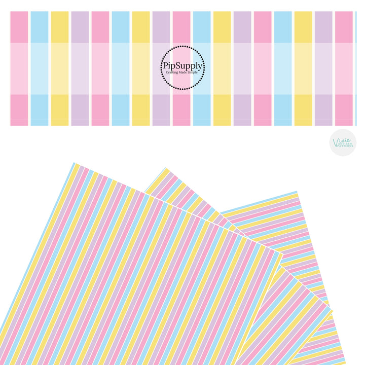 These spring faux leather sheets contain the following design elements: pastel pink, purple, yellow, and blue stripes. Our CPSIA compliant faux leather sheets or rolls can be used for all types of crafting projects.