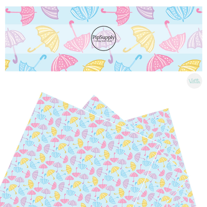 These spring faux leather sheets contain the following design elements: pastel pink, purple, yellow, and blue rain umbrellas. Our CPSIA compliant faux leather sheets or rolls can be used for all types of crafting projects.