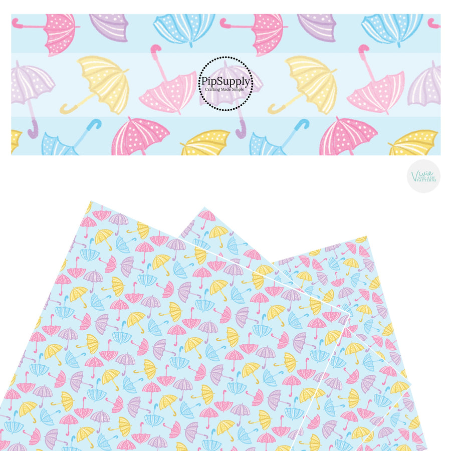 These spring faux leather sheets contain the following design elements: pastel pink, purple, yellow, and blue rain umbrellas. Our CPSIA compliant faux leather sheets or rolls can be used for all types of crafting projects.