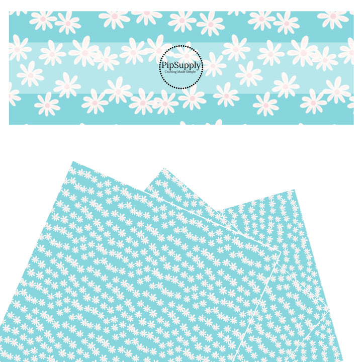 These spring daisies pattern themed faux leather sheets contain the following design elements: tiny white daisies on aqua. Our CPSIA compliant faux leather sheets or rolls can be used for all types of crafting projects. The designer of this pattern is Hay Sis Hay.