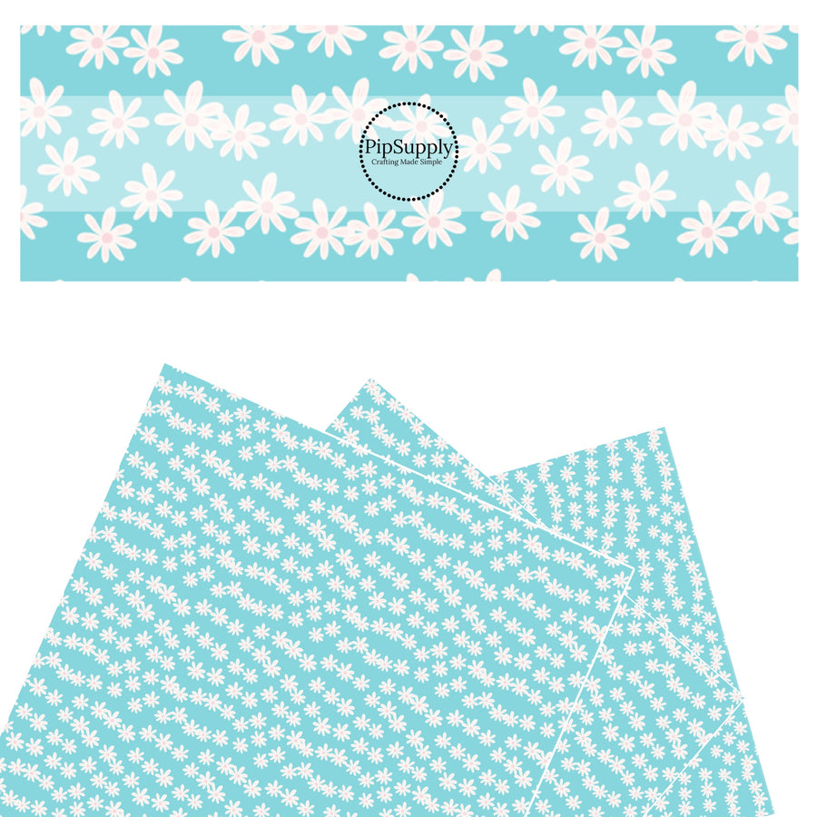 These spring daisies pattern themed faux leather sheets contain the following design elements: tiny white daisies on aqua. Our CPSIA compliant faux leather sheets or rolls can be used for all types of crafting projects. The designer of this pattern is Hay Sis Hay.