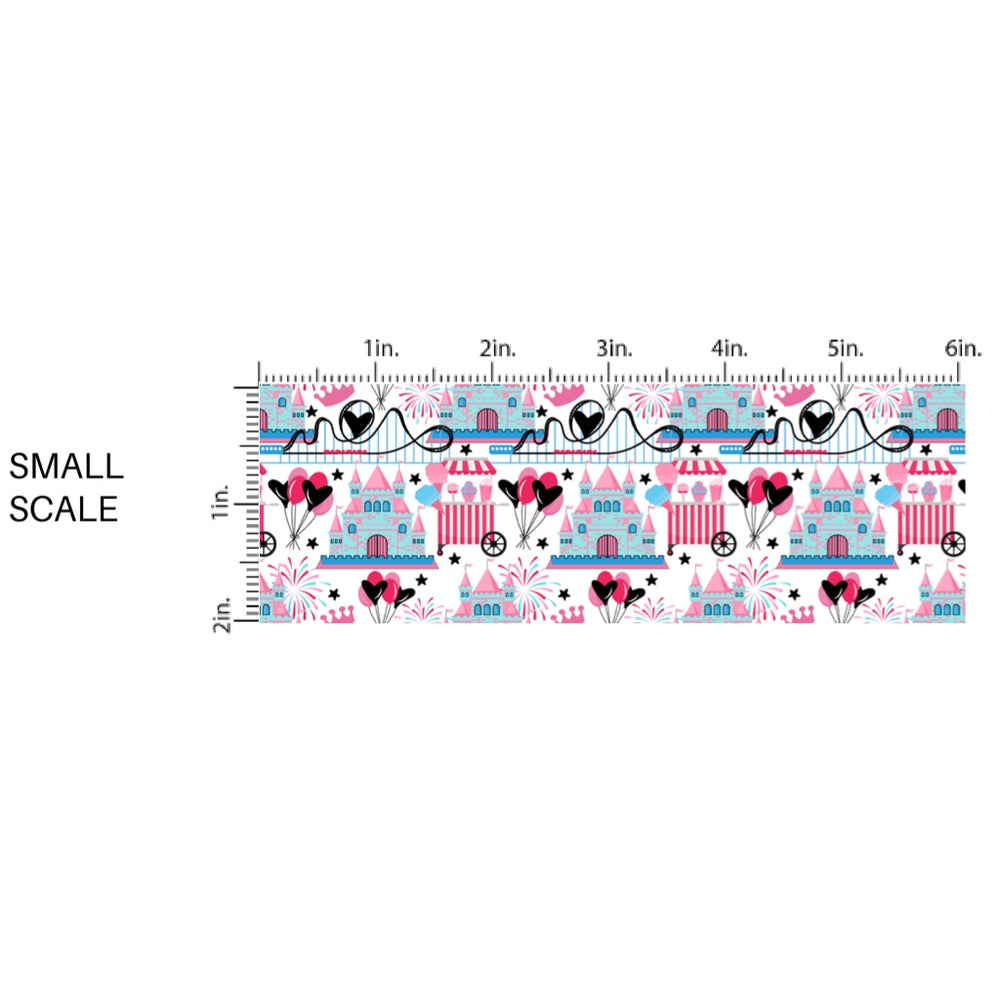 These magical princess themed fabric by the yard features princess castles, park rollercoaster, and fireworks. This fun pattern fabric can be used for all your sewing and crafting needs!