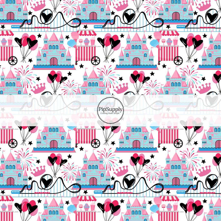 These magical princess themed fabric by the yard features princess castles, park rollercoaster, and fireworks. This fun pattern fabric can be used for all your sewing and crafting needs!
