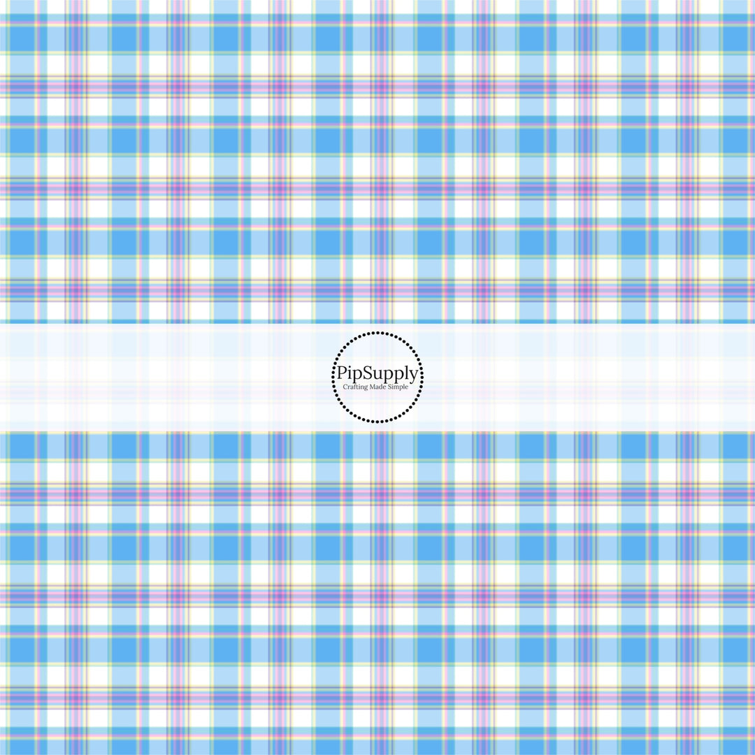 These spring themed no sew bow strips can be easily tied and attached to a clip for a finished hair bow. These festive bow strips are great for personal use or to sell. These bow strips feature the following design elements: blue spring tartan pattern.