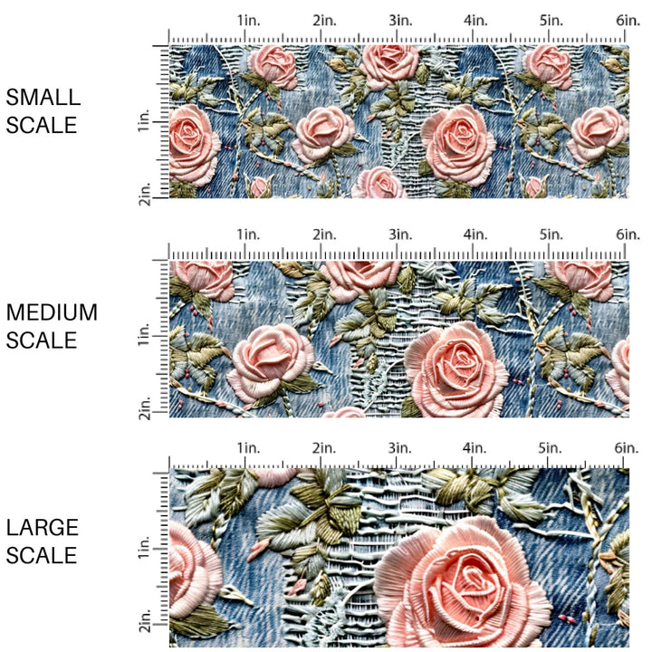 These spring fabric by the yard features embroidered rose flowers on denim pattern. This fun pattern fabric can be used for all your sewing and crafting needs!