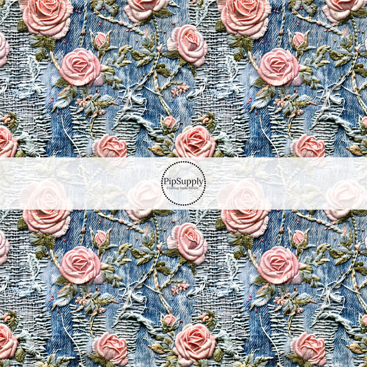 These spring fabric by the yard features embroidered rose flowers on denim pattern. This fun pattern fabric can be used for all your sewing and crafting needs!
