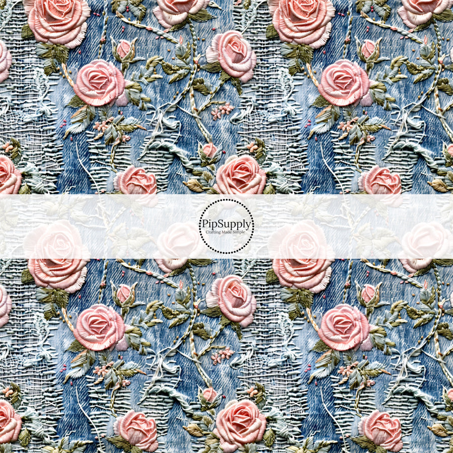 These spring fabric by the yard features embroidered rose flowers on denim pattern. This fun pattern fabric can be used for all your sewing and crafting needs!