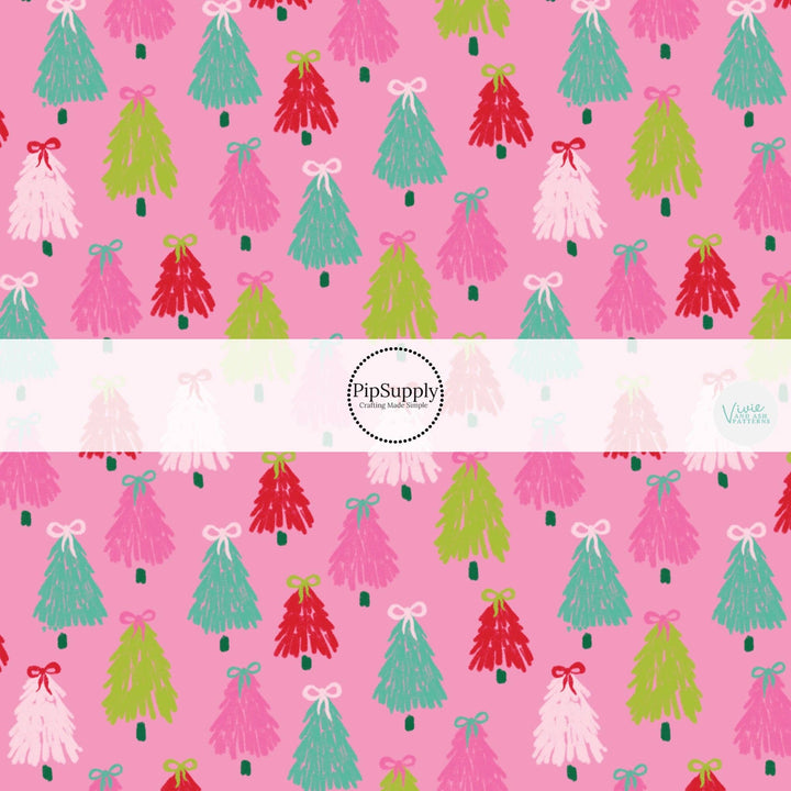 Bow Topped Trees Pink Fabric By The Yard