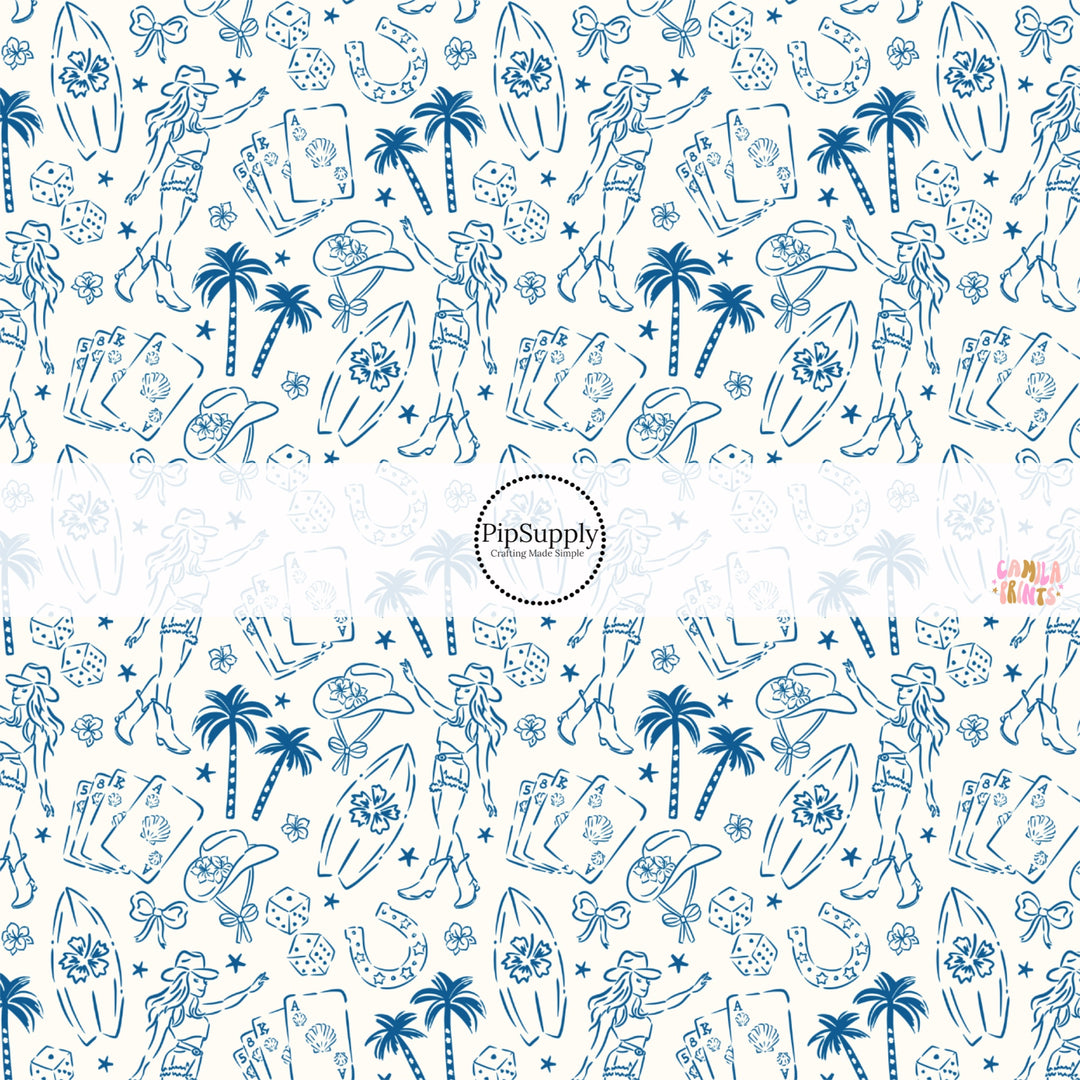 These tropical themed fabric by the yard features cowgirl hats, palm trees, and surf boards. This fun pattern fabric can be used for all your sewing and crafting needs.