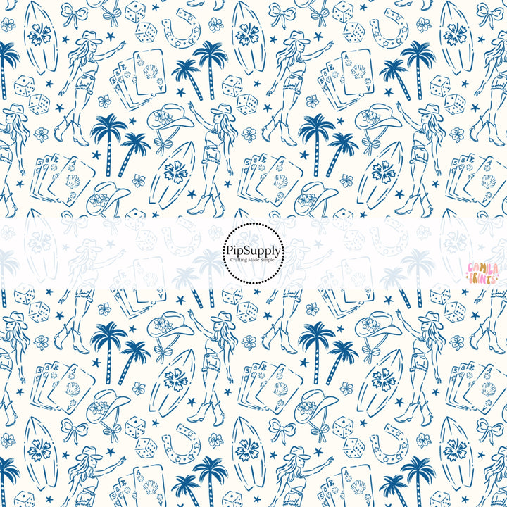 These tropical themed fabric by the yard features cowgirl hats, palm trees, and surf boards. This fun pattern fabric can be used for all your sewing and crafting needs.