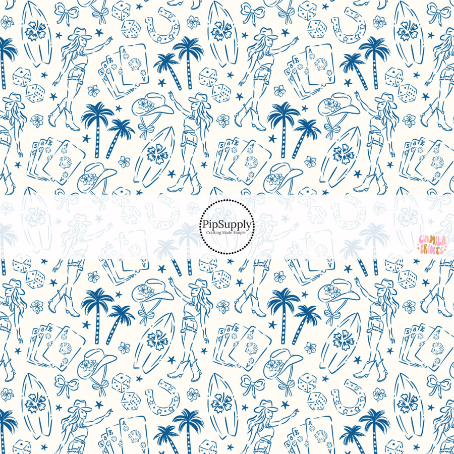 These tropical themed fabric by the yard features cowgirl hats, palm trees, and surf boards. This fun pattern fabric can be used for all your sewing and crafting needs.
