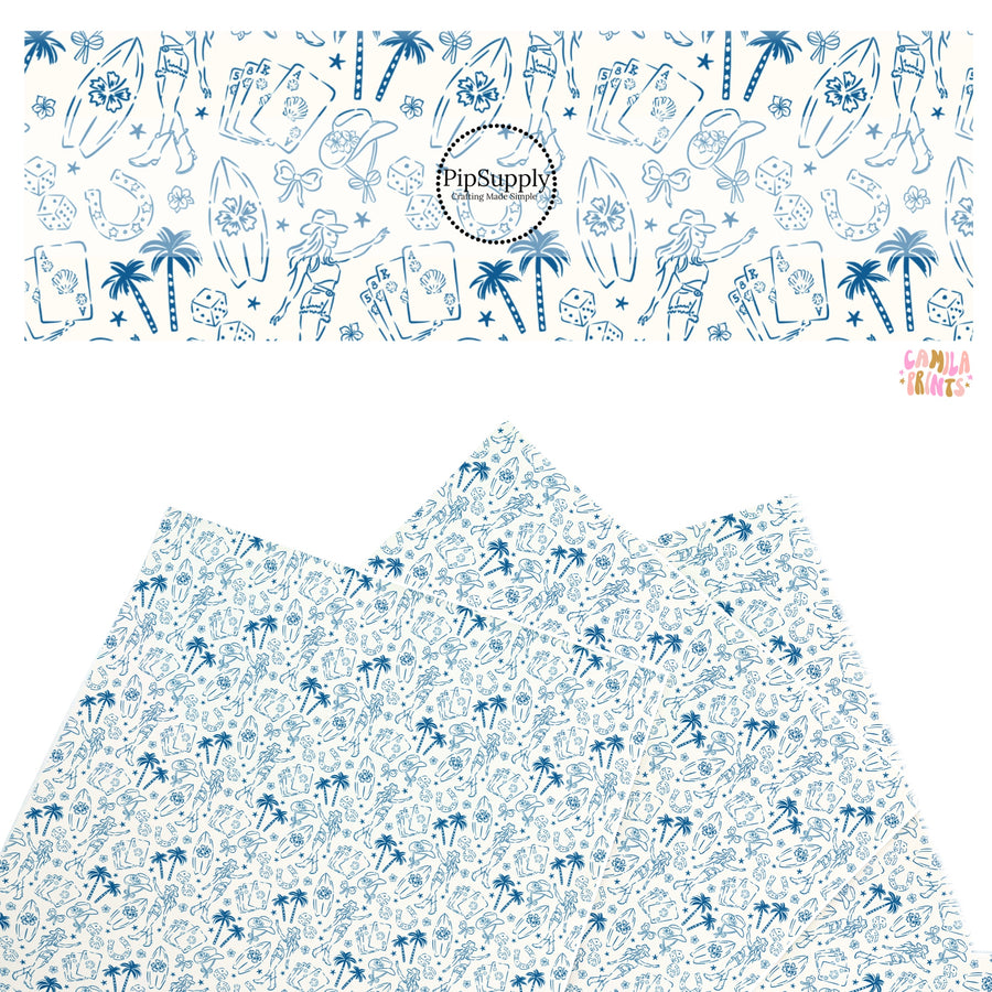 These fun beach and western themed faux leather sheets contain the following design elements: cowgirl hats, palm trees, and surf boards. Our CPSIA compliant faux leather sheets or rolls can be used for all types of crafting projects.