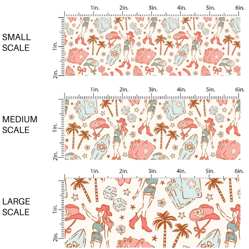 These tropical themed fabric by the yard features cowgirl hats, palm trees, and surf boards. This fun pattern fabric can be used for all your sewing and crafting needs!