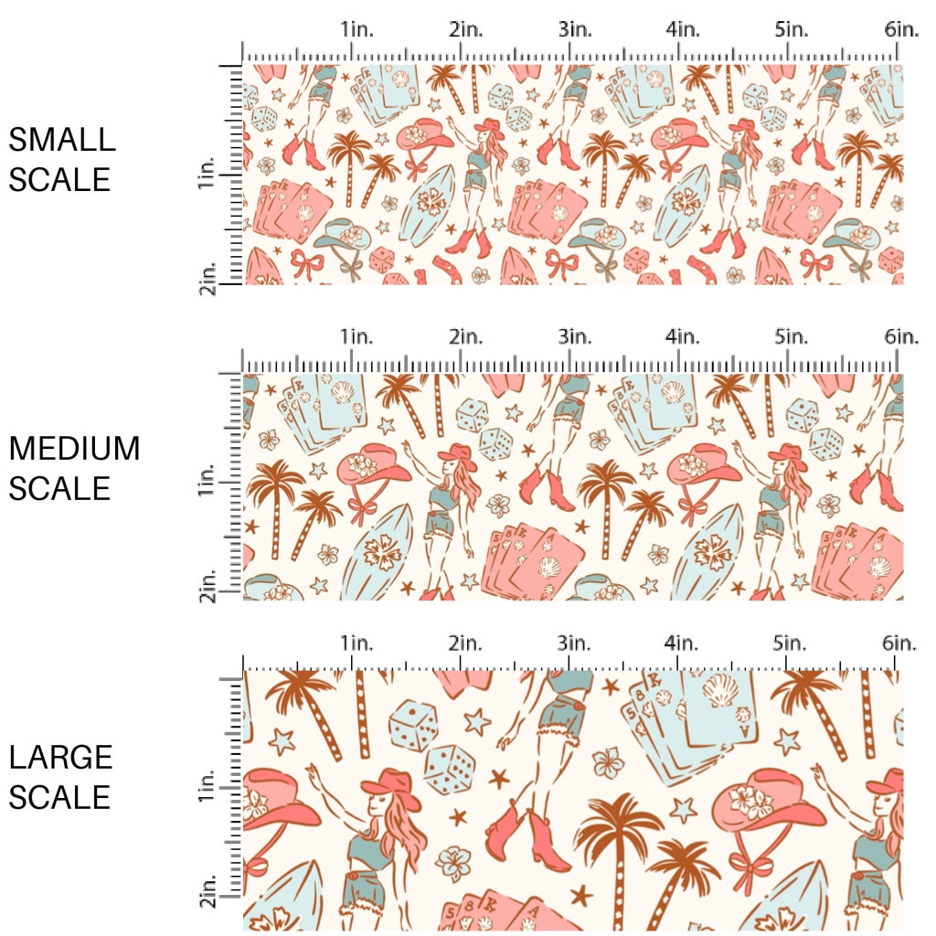These tropical themed fabric by the yard features cowgirl hats, palm trees, and surf boards. This fun pattern fabric can be used for all your sewing and crafting needs!