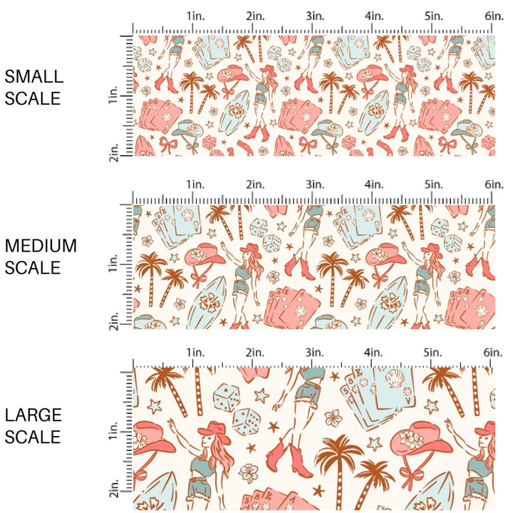 These tropical themed fabric by the yard features cowgirl hats, palm trees, and surf boards. This fun pattern fabric can be used for all your sewing and crafting needs!