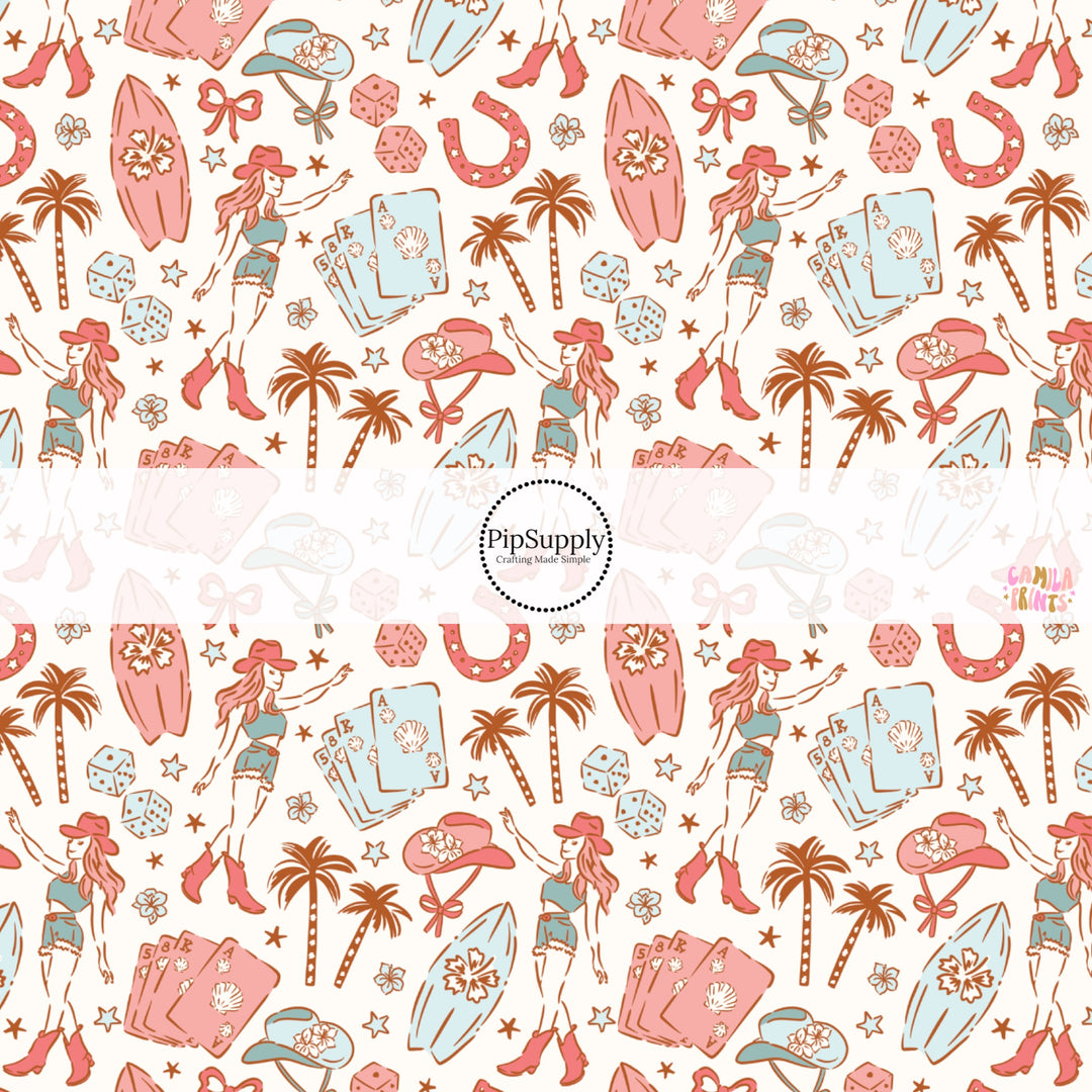 These tropical themed fabric by the yard features cowgirl hats, palm trees, and surf boards. This fun pattern fabric can be used for all your sewing and crafting needs!