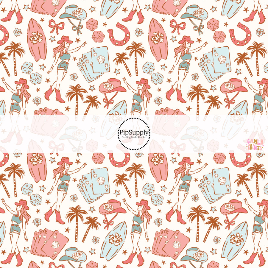 These tropical themed fabric by the yard features cowgirl hats, palm trees, and surf boards. This fun pattern fabric can be used for all your sewing and crafting needs!