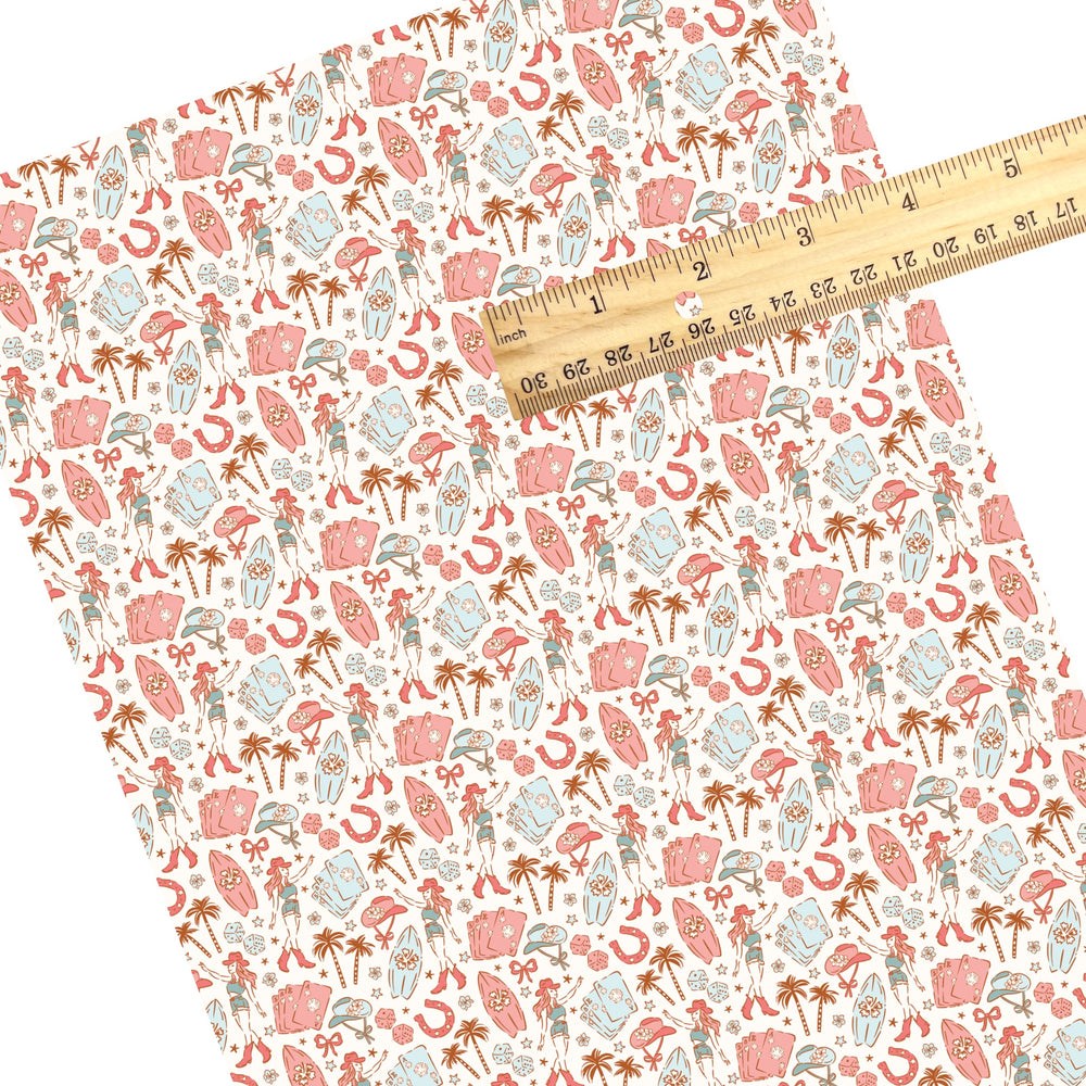 These fun beach and western themed faux leather sheets contain the following design elements: cowgirl hats, palm trees, and surf boards. Our CPSIA compliant faux leather sheets or rolls can be used for all types of crafting projects.