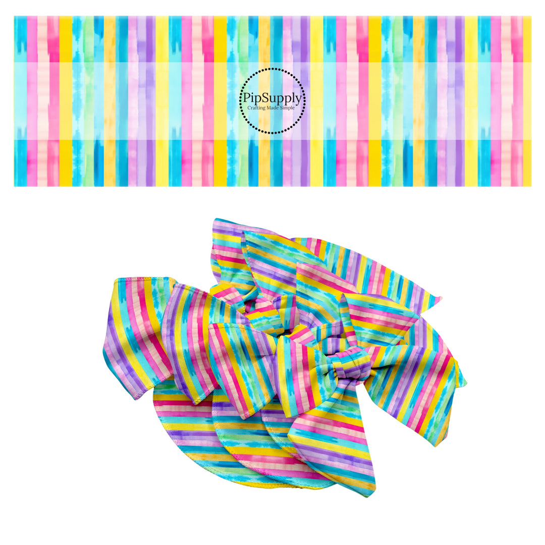 These tropical themed pattern no sew bow strips can be easily tied and attached to a clip for a finished hair bow. These festive bow strips are great for personal use or to sell. These bow strips feature the following design elements: rainbow stripes.