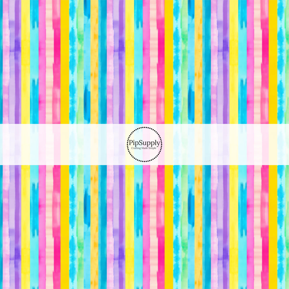 These tropical themed pattern no sew bow strips can be easily tied and attached to a clip for a finished hair bow. These festive bow strips are great for personal use or to sell. These bow strips feature the following design elements: rainbow stripes.