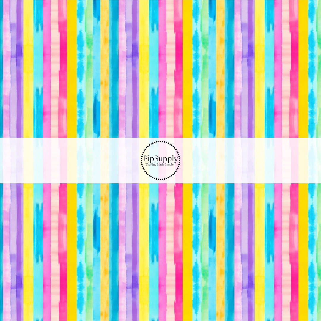 These tropical themed pattern no sew bow strips can be easily tied and attached to a clip for a finished hair bow. These festive bow strips are great for personal use or to sell. These bow strips feature the following design elements: rainbow stripes.
