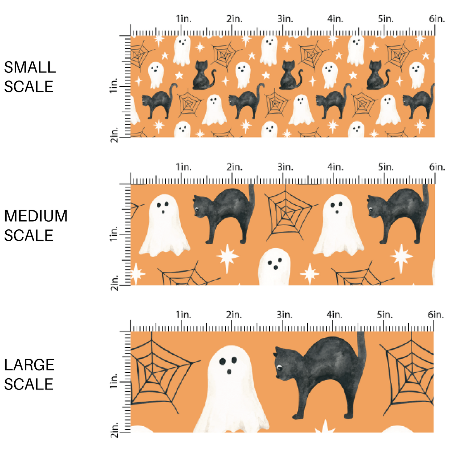 This scale chart of small scale, medium scale, and large scale of these Halloween themed orange fabric by the yard features black cats, ghost, spiderwebs, and small white stars on orange. This fun spooky themed fabric can be used for all your sewing and crafting needs!