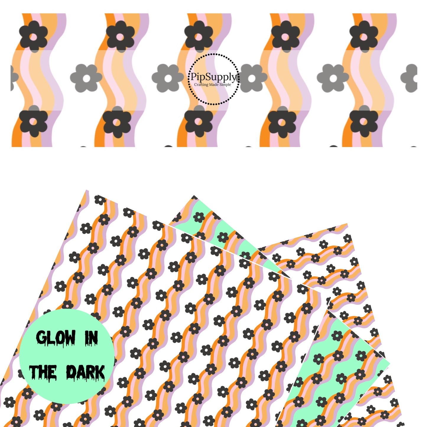 Black daisies on purple and orange waves faux leather sheets