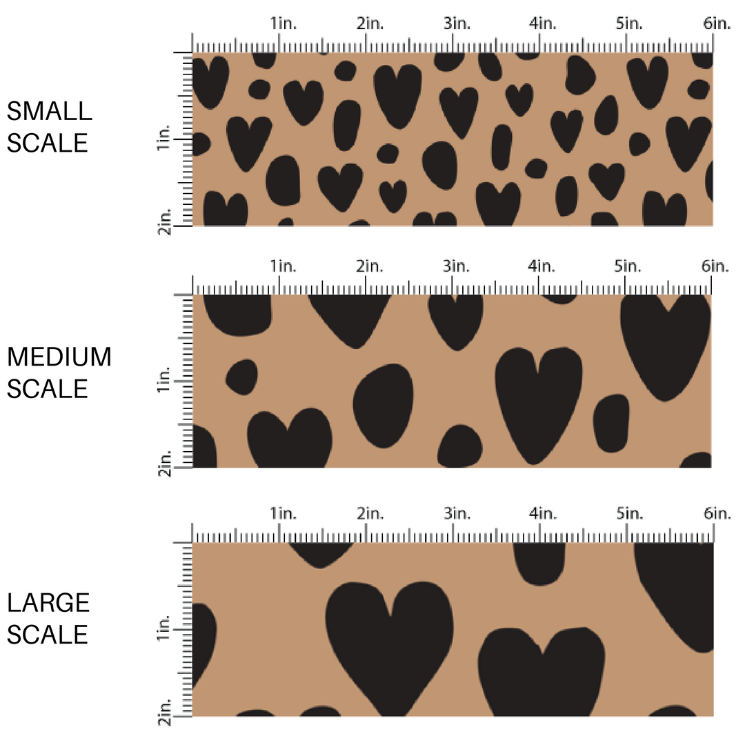 This scale chart of small scale, medium scale, and large scale of these heart and spot themed brown fabric by the yard features leopard pattern with hearts and spots in black on brown. This fun animal themed fabric can be used for all your sewing and crafting needs!