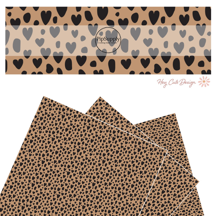 These heart and spot themed brown faux leather sheets contain the following design elements: leopard pattern with hearts and spots in black on brown. Our CPSIA compliant faux leather sheets or rolls can be used for all types of crafting projects.