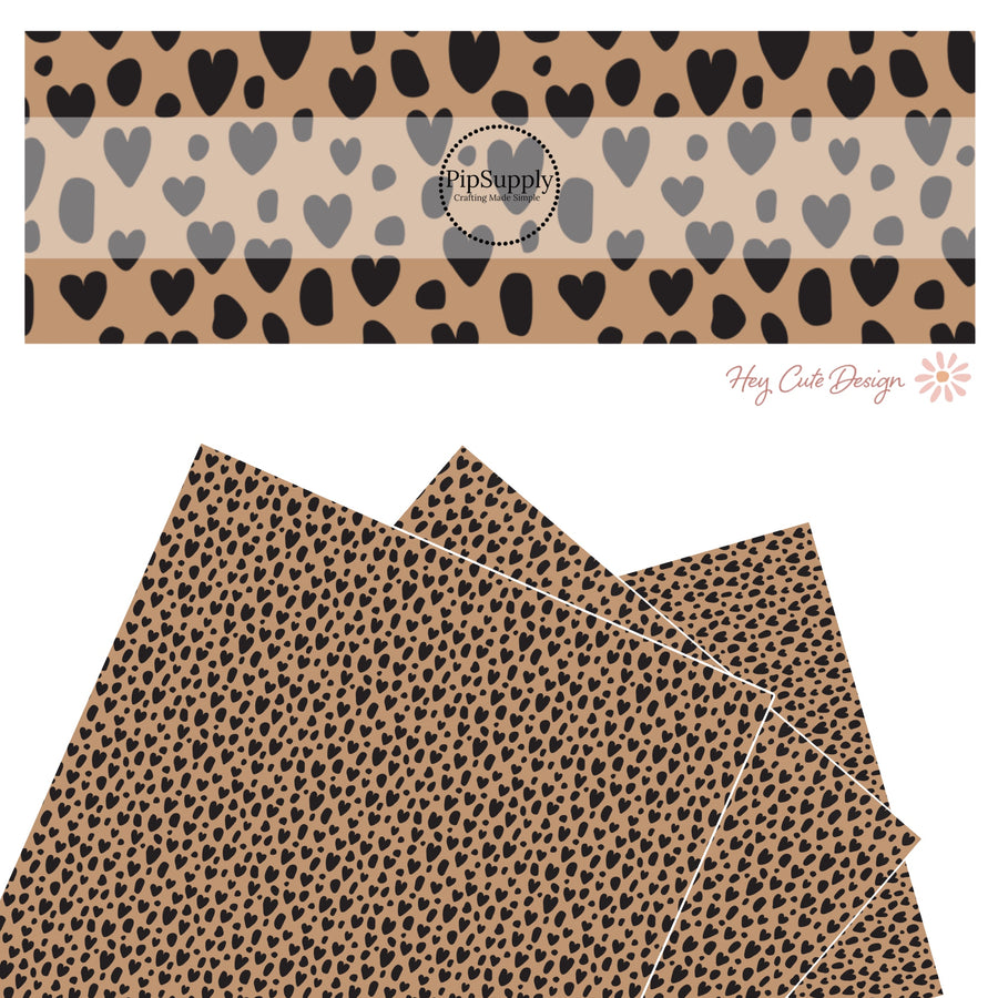 These heart and spot themed brown faux leather sheets contain the following design elements: leopard pattern with hearts and spots in black on brown. Our CPSIA compliant faux leather sheets or rolls can be used for all types of crafting projects.