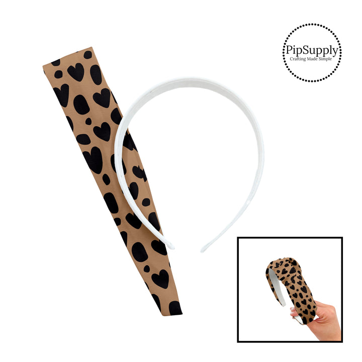 These heart and spot themed brown headband kits are easy to assemble and come with everything you need to make your own knotted headband. These fun animal themed kits with a variety hearts and spots in black on brown include a custom printed and sewn fabric strip and a coordinating velvet headband.