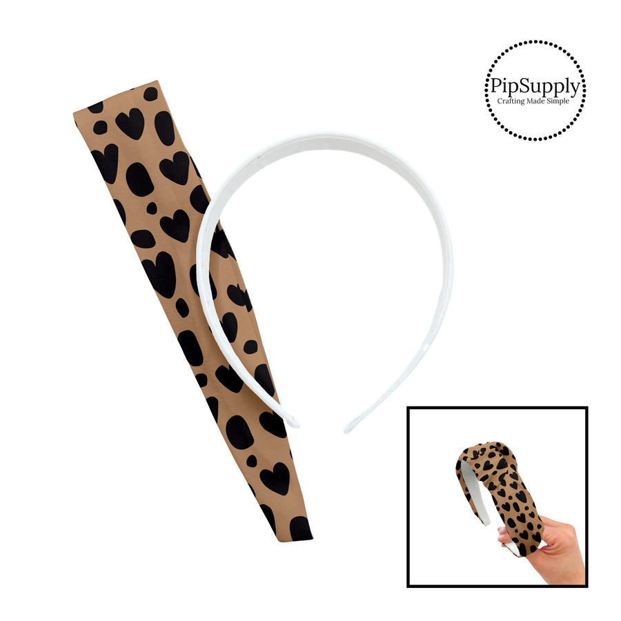 These heart and spot themed brown headband kits are easy to assemble and come with everything you need to make your own knotted headband. These fun animal themed kits with a variety hearts and spots in black on brown include a custom printed and sewn fabric strip and a coordinating velvet headband.