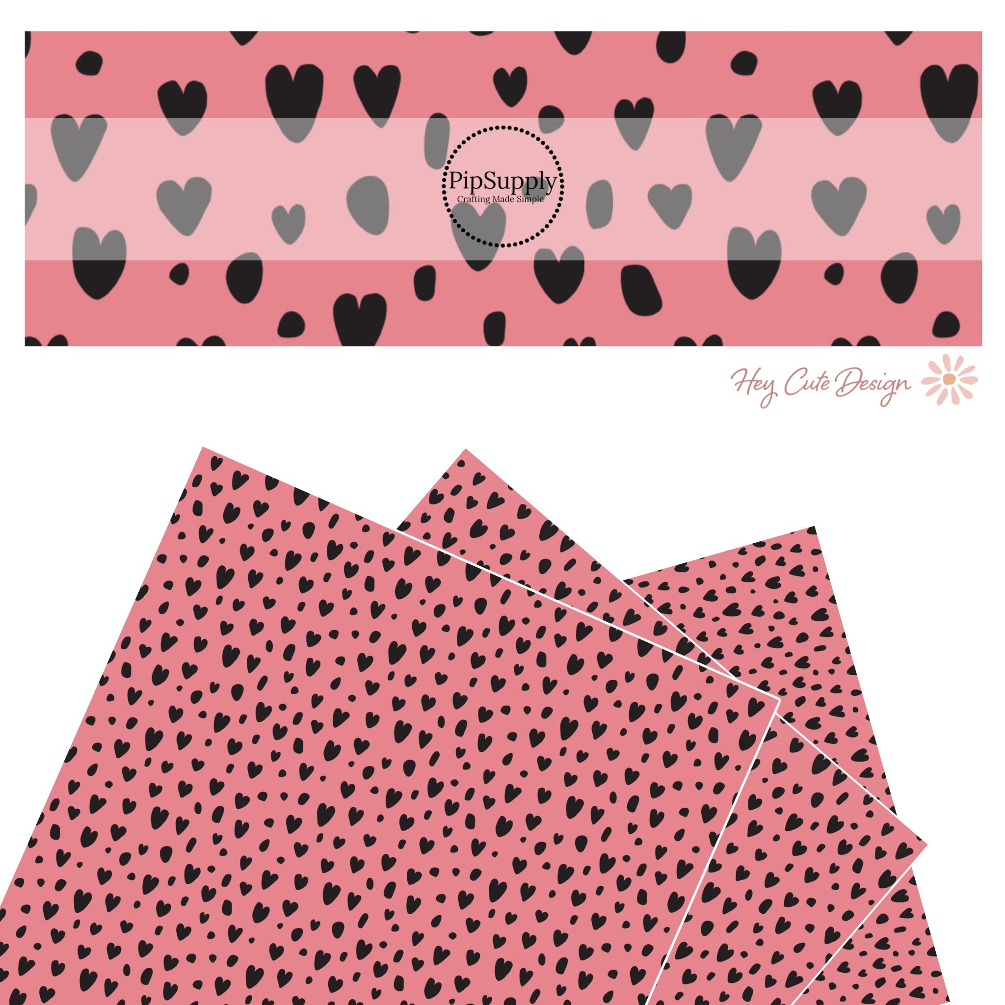 Black Hearts And Spots On Pink Faux Leather Sheet - Leopard Hearts