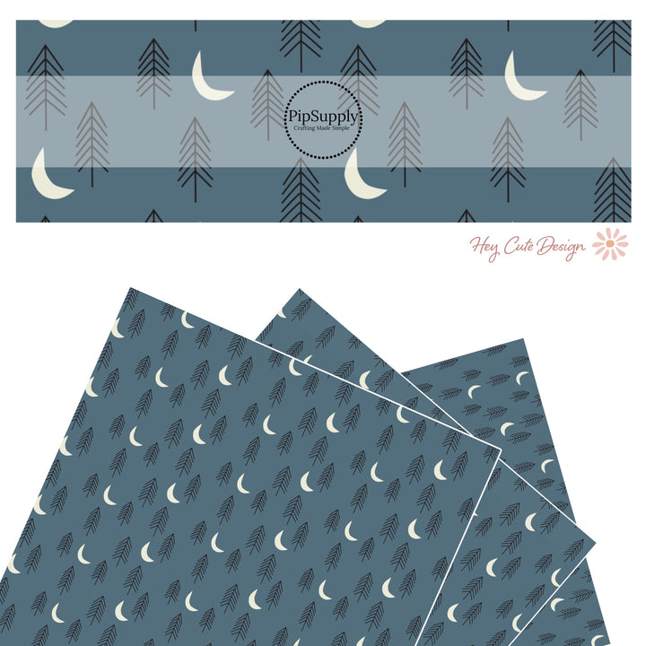 These forest dark navy faux leather sheets contain the following design elements: pine trees and mountains on dark blue. Our CPSIA compliant faux leather sheets or rolls can be used for all types of crafting projects.