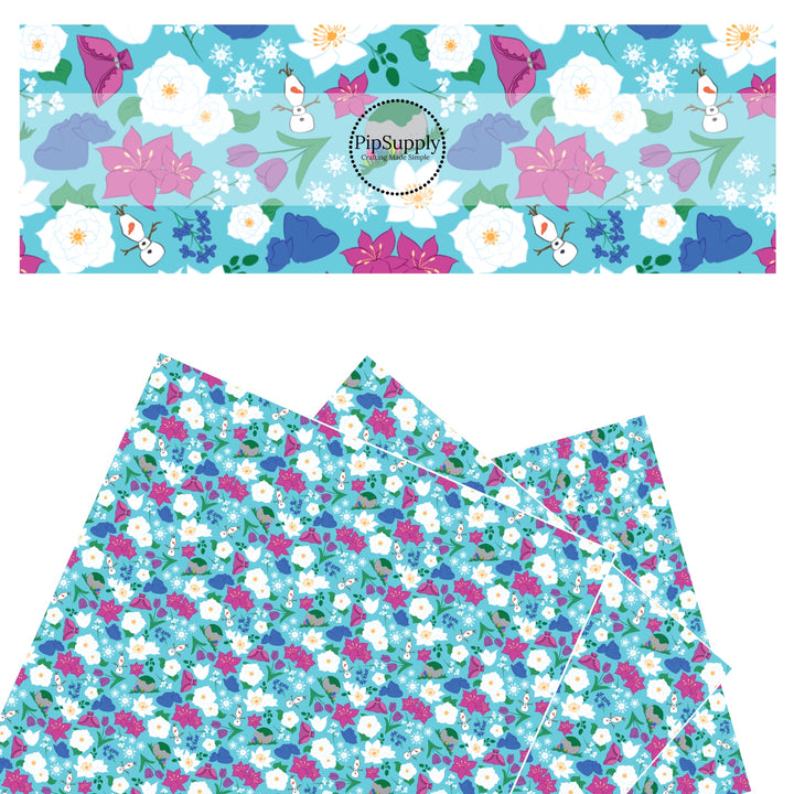 Purple, blue, and white flowers with snowman and snowflakes on blue faux leather sheets