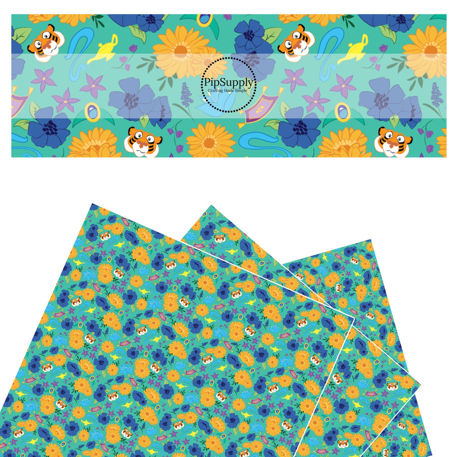 Tigers, flying carpet, and oil lamp on green faux leather sheets