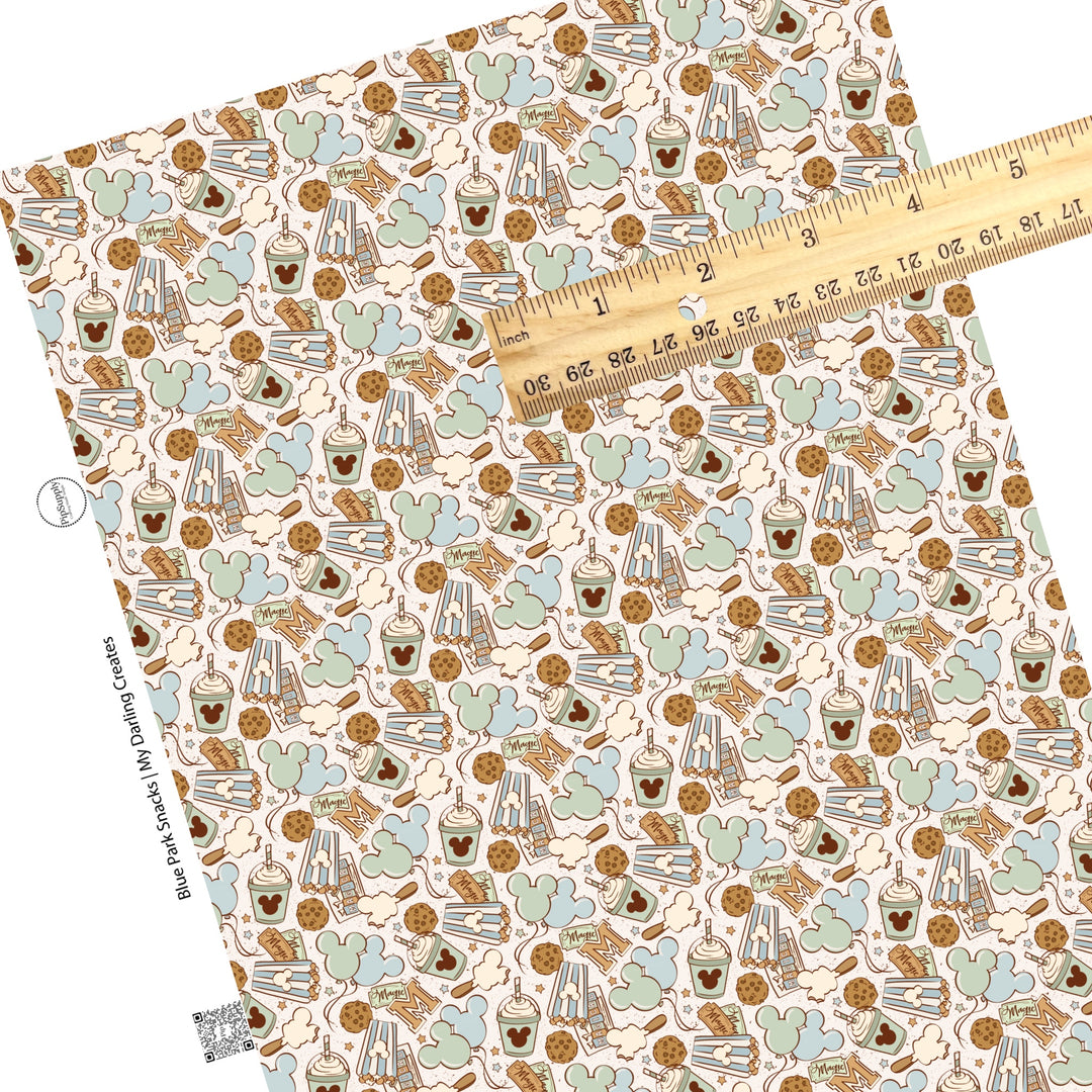 This magical adventure inspired faux leather sheets contain the following design: treats, popcorn, drinks, and mouse ears on light blue and cream. Our CPSIA compliant faux leather sheets or rolls can be used for all types of crafting projects.