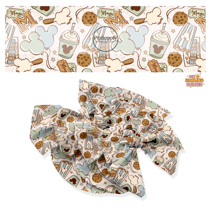 These magical adventure inspired themed no sew bow strips can be easily tied and attached to a clip for a finished hair bow. These fun themed patterned bow strips are great for personal use or to sell. These bow strips feature the following treats, popcorn, drinks, and mouse ears on light blue and cream.