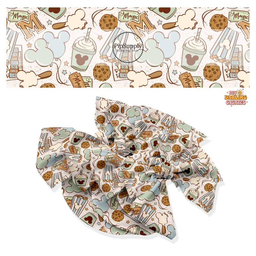 These magical adventure inspired themed no sew bow strips can be easily tied and attached to a clip for a finished hair bow. These fun themed patterned bow strips are great for personal use or to sell. These bow strips feature the following treats, popcorn, drinks, and mouse ears on light blue and cream.