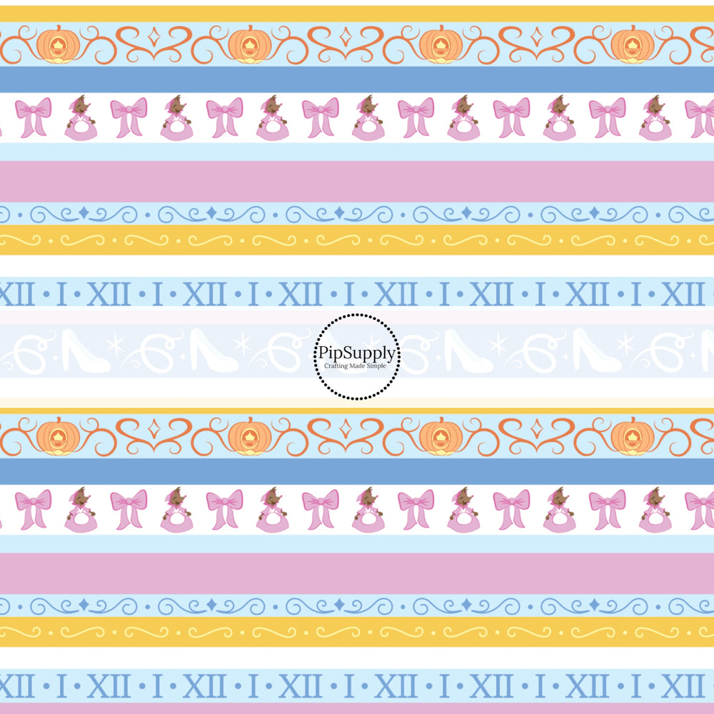 Pumpkin carriage, glass slipper, mouse maid, and swirls on blue and pink stripes hair bow strips