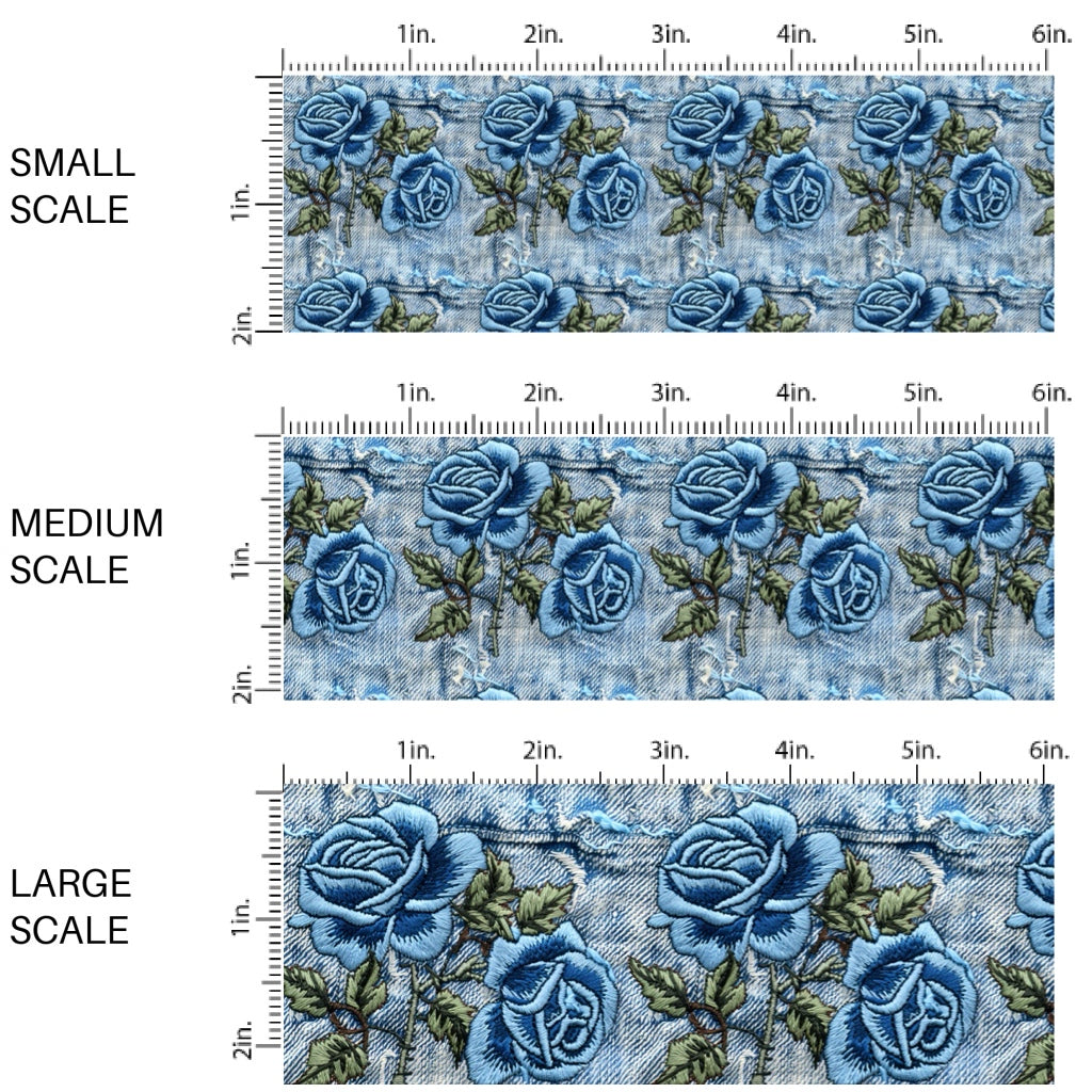 These spring fabric by the yard features embroidered rose flowers on denim pattern. This fun pattern fabric can be used for all your sewing and crafting needs!