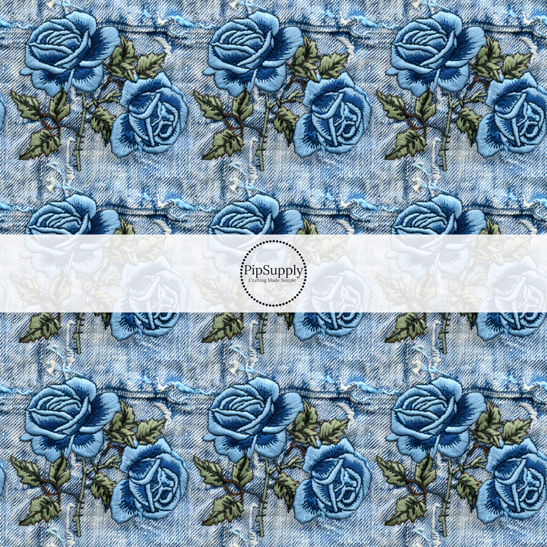 These spring fabric by the yard features embroidered rose flowers on denim pattern. This fun pattern fabric can be used for all your sewing and crafting needs!