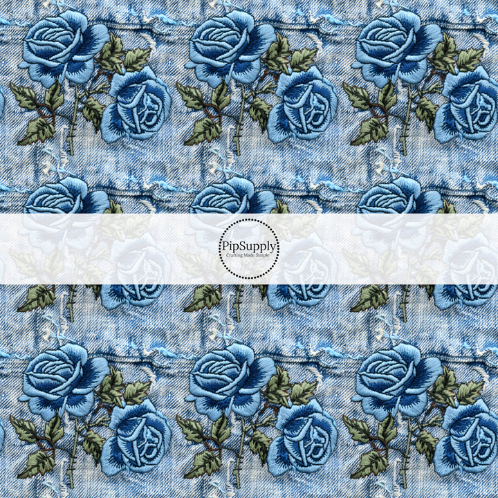 These spring fabric by the yard features embroidered rose flowers on denim pattern. This fun pattern fabric can be used for all your sewing and crafting needs!